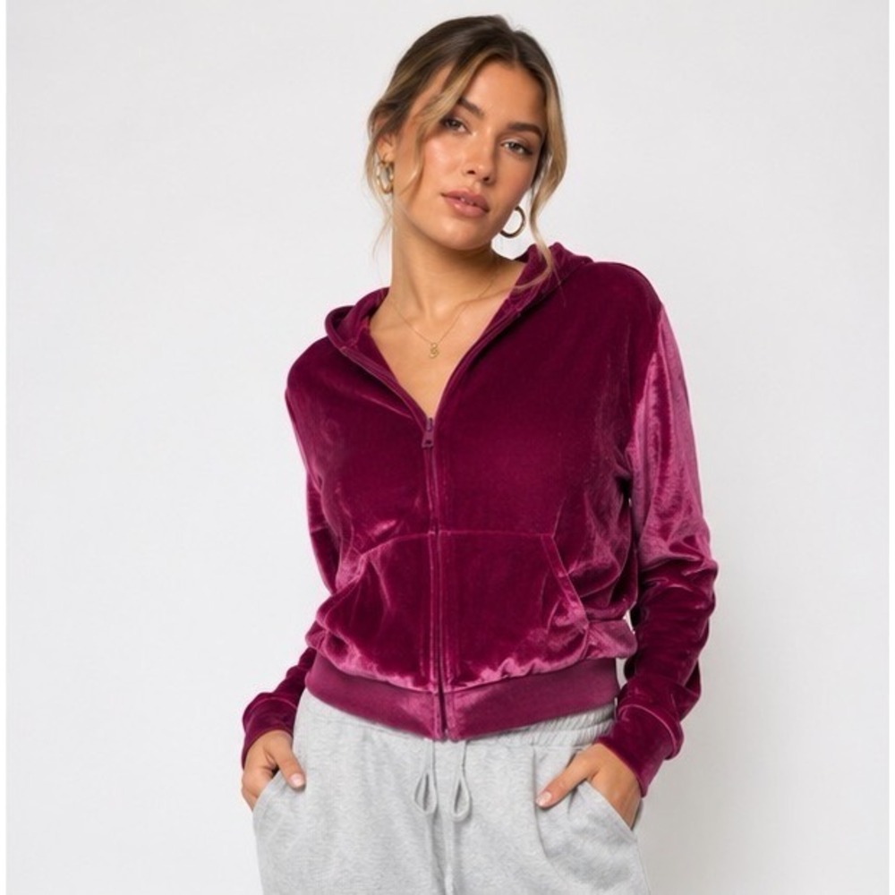 Victoria's Secret PINK Velour Full‎ Zip Hoodie Magenta Rhinestone Logo XL 0